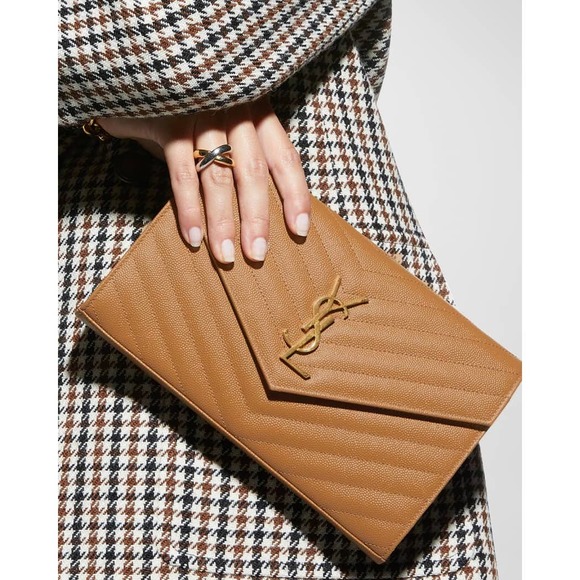 YSL Saint Laurent Monogramme Large Grain de Poudre Wallet on Chain Purse Brown - Picture 3 of 12